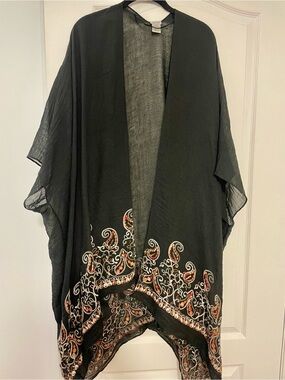 O/S Black Embroidered Kaftan with Orange Paisley Trim by Kismet